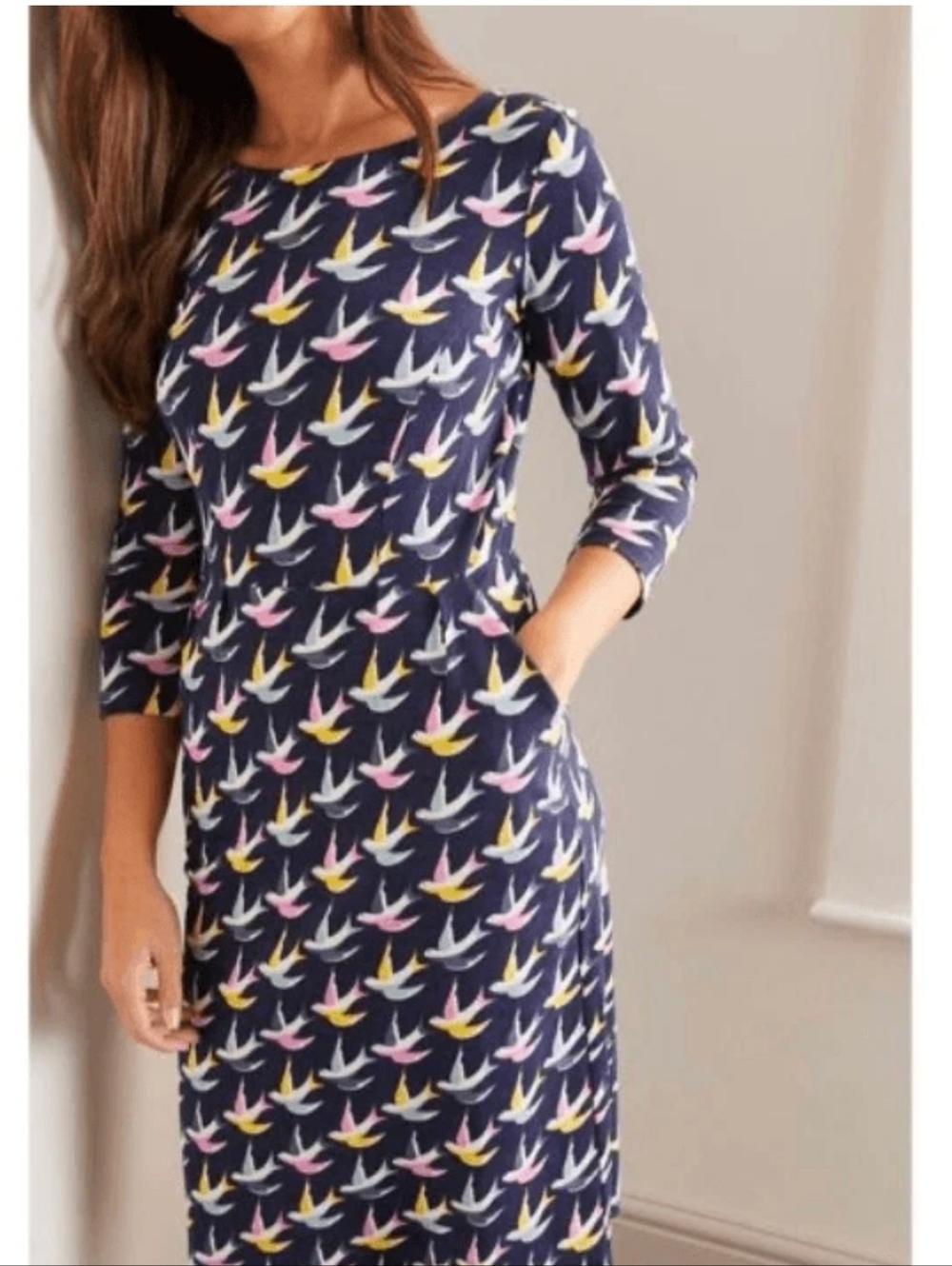 Boden Penny Jersey Dress Swallow Bird Print  With Pockets